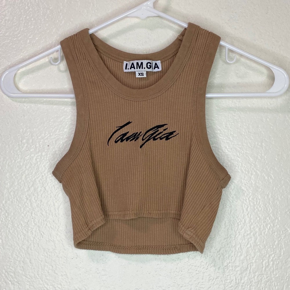 I AM GIA Tan Ribbed Logo Racerback Crop Top Sleeveless Tank XS Camel Brown Y2K